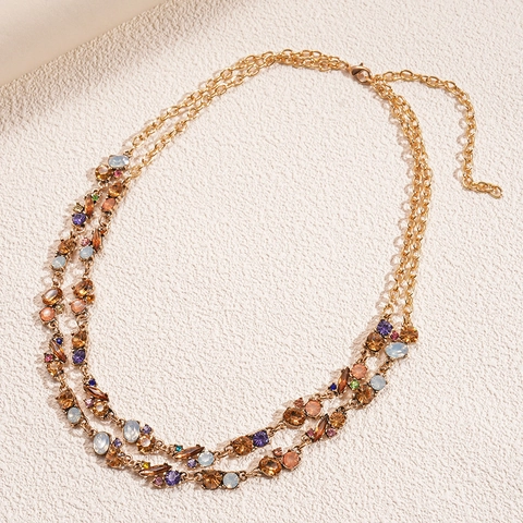 Double Layer Alloy Necklace With Colorful Rhinestones Geometric Vintage Palace Style Elegant Jewelry For Women