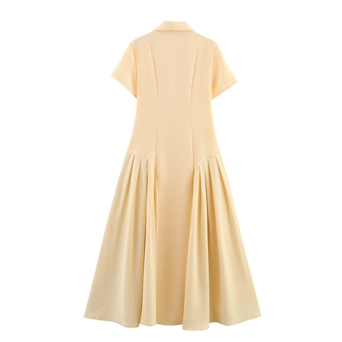 Robe De Navette Élégante Pour Femmes Tweed Mince Col Tailleur Manches Courtes Plissé Patchwork Taille Haute Col En V Bouton Künstliche Perle Style Rétro