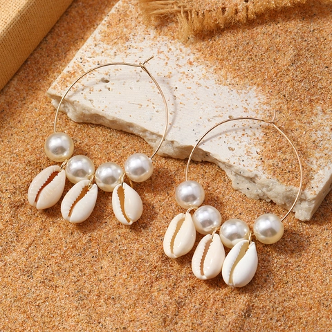Boheemse Legering Kunstparel Schelp Ring Oorbellen Strandvakantie Handgemaakte Kralen Cirkel Hangende Oorbellen Voor Vrouwen Sieraden