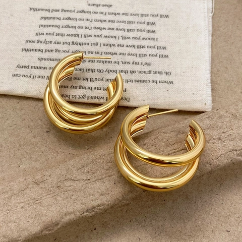 Triple Hoop Earrings With 925 Sterling Silver Earring Post C-Shape Geometric Copper Metal Polished Jewelry For Women