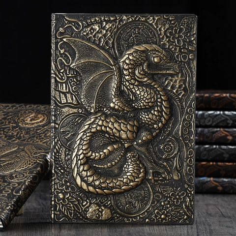 Cuaderno De Dragón En Relieve 3D Vintage Retro Piel Sintética Tapa Dura Diario Páginas Rayadas Estilo Gótico Mítico Regalo