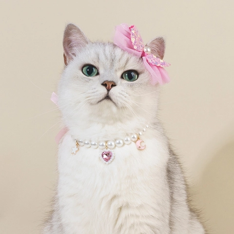 Pet Necklace And Hair Clip Faux Artificial Pearl Heart Star Moon Charms Ribbon Bowknot Accessories For Cats Dogs Puppy Kitten Sweet