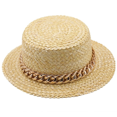 Women Straw Boater Hat Wide Brim Sunshade Flat Top Summer Beach Travel Elegant Ribbon Metal Chain Decor Retro