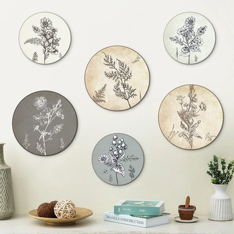Round Wood Wall Hanging Signs Bohemian Rustic Farmhouse Botanical Floral Abstract Line Art Living Room Bedroom Home Decor