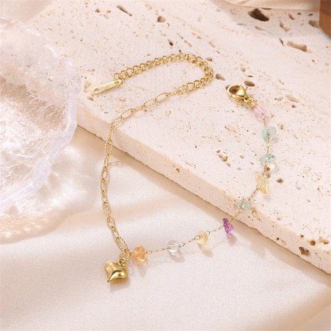 Asymmetrisches Herzanhänger Armband Edelstahl Bunte Natursteine Verstellbare Kette Schmuck Für Frauen