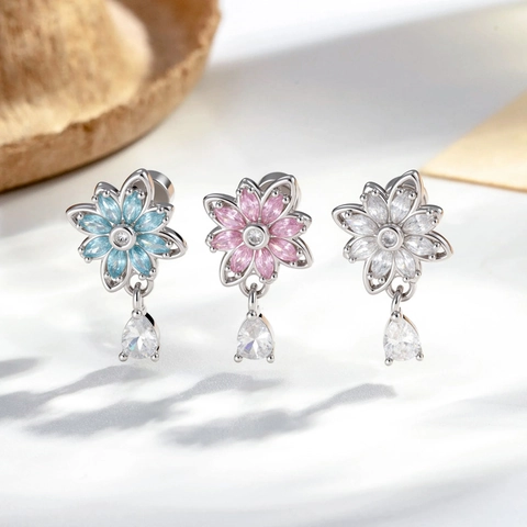 Flower Cubic Zirconia Cartilage Stud Earring Teardrop Pendant Titanium Steel Screw Back Helix Piercing Elegant Jewelry Women