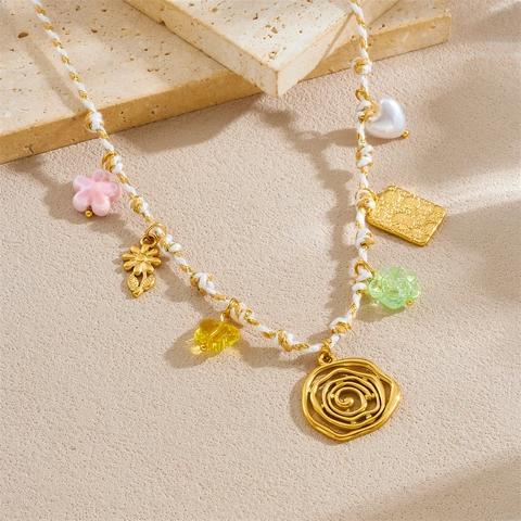 Woven Cord Pendant Necklace Multi-Charm Stainless Steel Floral Butterfly Heart Sweet Bohemian Vacation Jewelry For Women