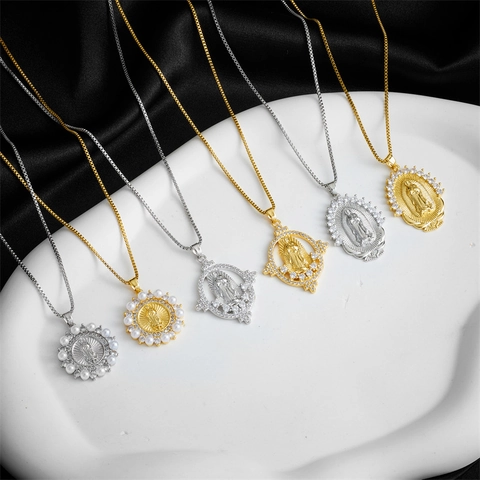 Collana Con Pendente Vergine Maria Rame Con Zirconia Cubica E Imitazione Perla Artificial Gioielli Religiosi Guadalupe Per Donne