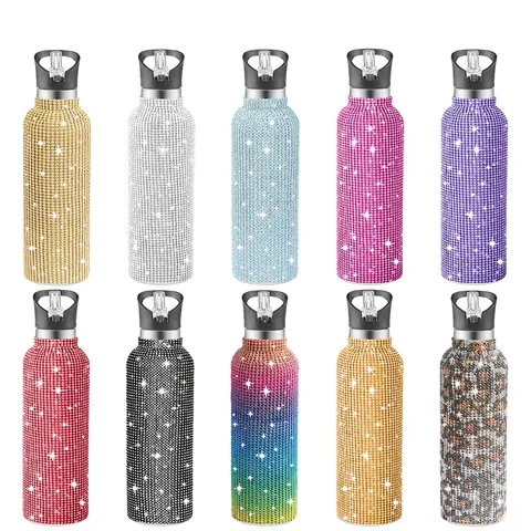 Rhinestone Insulated Water Bottle Stainless Steel Vacuum Flask With Straw Portable Glitter Sports Cup For Car
