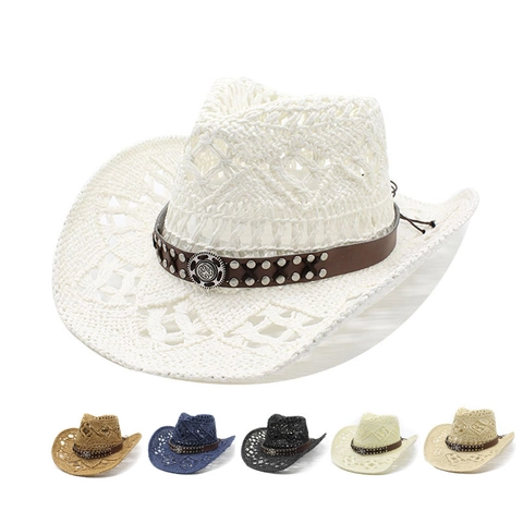 Western Cowboy Hat Hollow Paper Straw Breathable Sun Protection Beach Vacation Retro Leather Band Metal Rivets