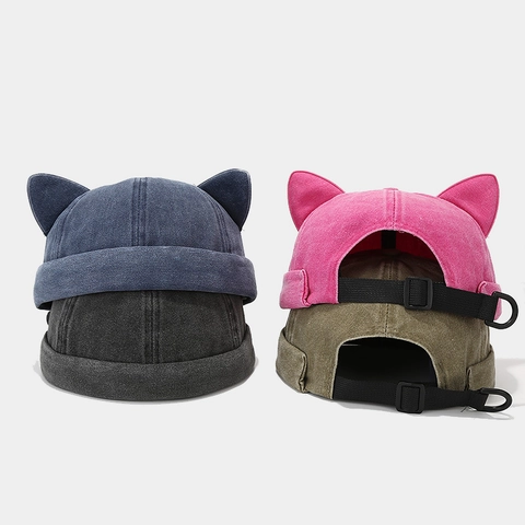 Washed Cotton Docker Hat Mit Katzenohren Verstellbare Randlose Landlord Cap Streetwear Retro Stil Für Herren Damen