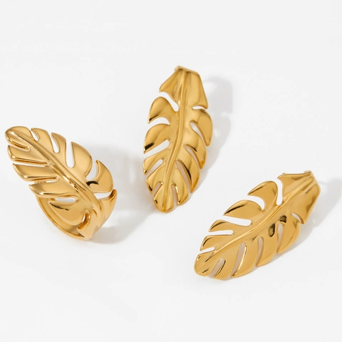 Roestvrijstalen Monstera Blad Sieraden Holle PVD Vergulde Oorbellen En Open Ring Waterdicht Voor Dames