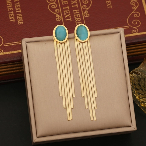 Long Tassel Drop Earrings Stainless Steel Vintage Geometric Artificial Pearl Cat Eye Stone Elegant Fashion Jewelry For Women
