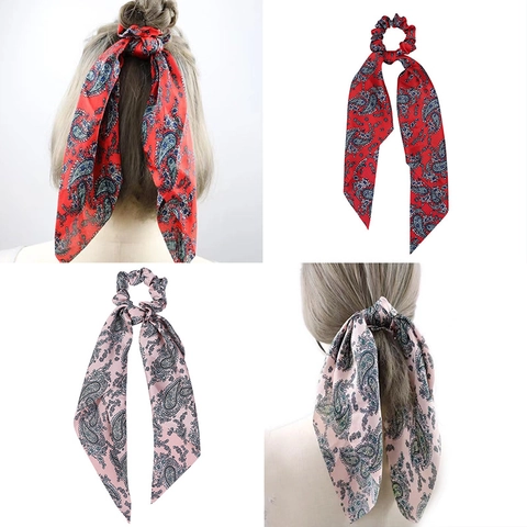 Satijnen Lint Scrunchies Voor Dames Paisley Bloemenprint Elastische Haarbanden Met Lange Streamers Paardenstaart Houder