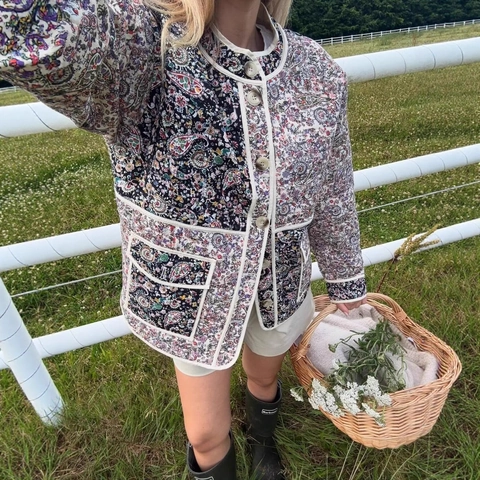 Dames Doorgestikte Jas Paisley Bloemen Patchwork Vintage Cottagecore Gewatteerde Katoenen Jas Ronde Hals Lange Mouwen Enkele Rij Knopen