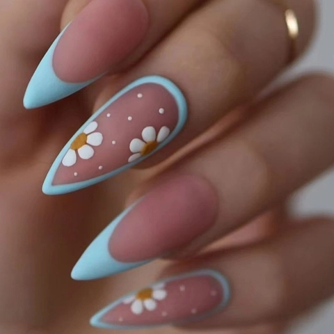 Press On Nails Matte Almond French Blue Tip Daisy Flower Sweet Ins Style Artificial Fake Nails For Women