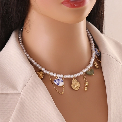 Collana Künstliche Perle Imitazione Barocche Con Ciondoli Cuore Sole In Acciaio Inossidabile Vintage Bohemian Per Donne
