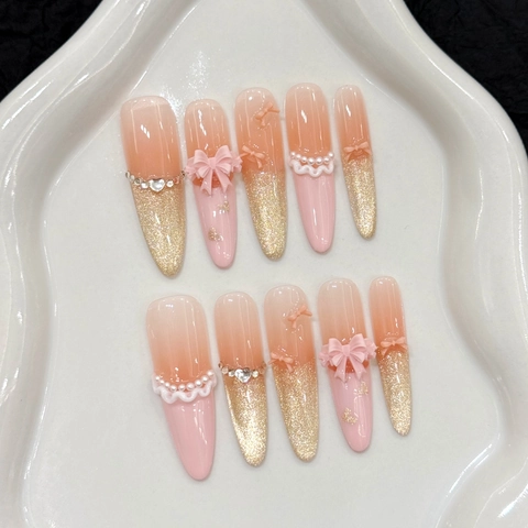 Uñas Postizas Stiletto Largas Hechas A Mano Degradado Rosa Purpurina Dorada Lazos Pedrería Perlas Artificiales Sintéticas Estilo Dulce