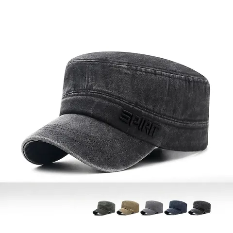Men's Cadet Cap Washed Cotton Military Flat Top Hat Vintage Distressed Adjustable Outdoor Sun Protection Letter Embroidery