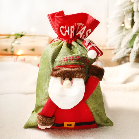Christmas Gift Bag Linen Fabric With 3D Santa Snowman Reindeer Drawstring Candy Pouch For Holiday Party Decor