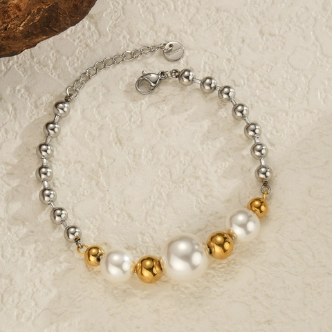 Minimalist Stainless Steel Beaded Bracelet For Women Gold Silver Mixed Color Artificial Pearl Bracelet Adjustable Jewelry