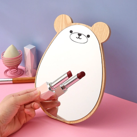Miroir De Maquillage De Bureau En Bois Animaux Dessin Animé Portable Ultra Mince Ours Lapin Vanité Pour Chambre