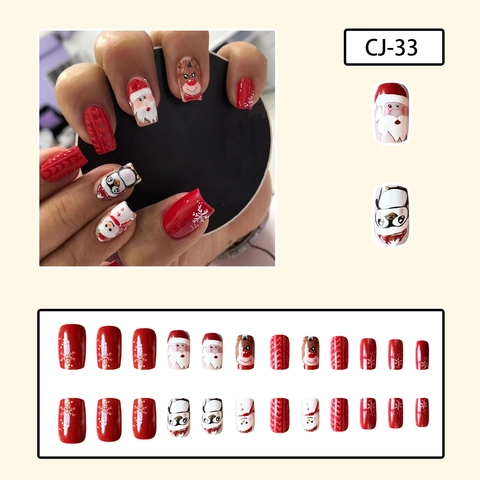 Faux Ongles De Noël Design Pull Gaufré Père Noël Renne Bonhomme De Neige Flocon De Neige Carrés Courts Beauté