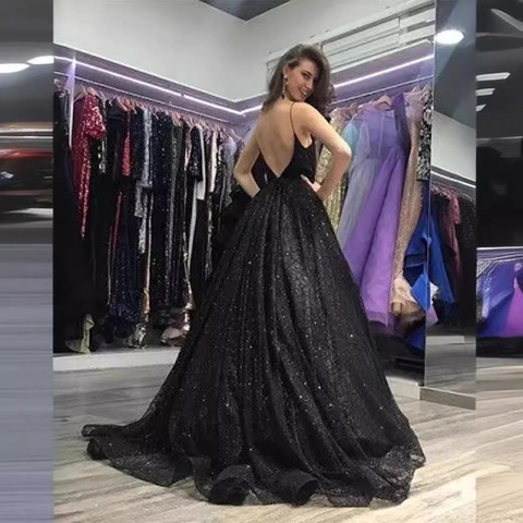 Women Sexy V Neck Sequined Evening Dress Spaghetti Strap High Slit Backless Formal Party Gown