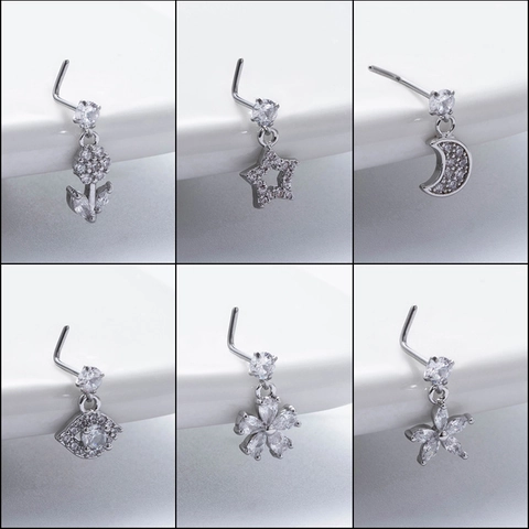 L Shaped Nose Stud Stainless Steel Bar With Copper Cubic Zirconia Flower Moon Star Dangle Piercing Jewelry For Women