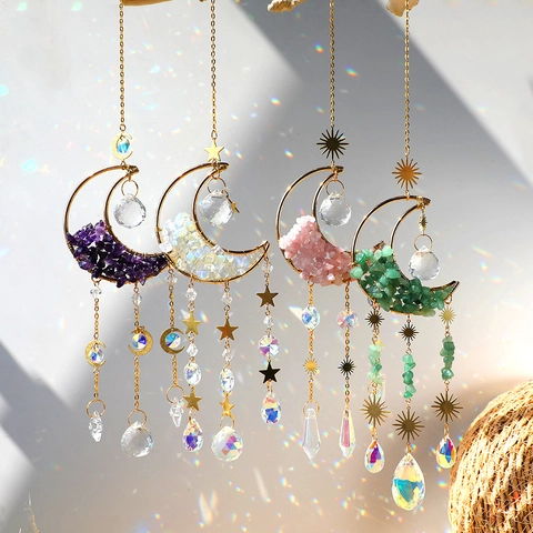 Crystal Suncatcher Moon Star Hanging Ornament Natural Crushed Stone Prism Rainbow Maker Dream Catcher Boho Home Wall Decor