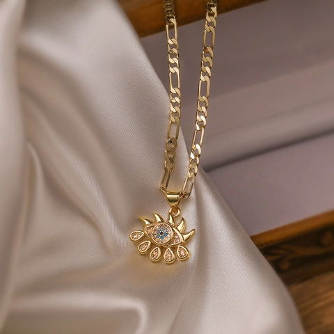 Evil Eye Jewelry Set Gold Plated Copper Necklace And Earrings Zircon Inlaid Figaro Chain Sun Motif Women Fashion Accessory