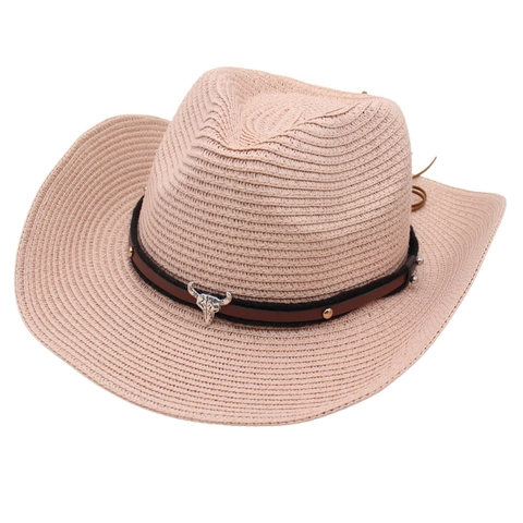 Western Cowboy Straw Hat Woven Wide Brim Sun Protection Retro Style With Bull Head Metal Decor And Leather Band