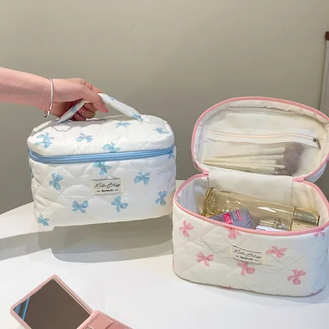 Gesteppte Baumwolle Kosmetiktasche Mit Schleifenmuster Tragbare Reise Kulturbeutel Reißverschluss Organizer Für Damen