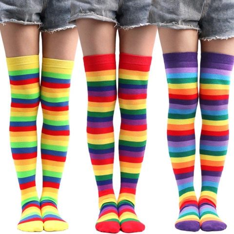 Women Rainbow Striped Over The Knee Socks Colorful Long Thigh High Stockings For Party Casual Breathable Polyester Knitted Socks