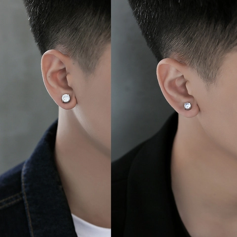 Round Cubic Zirconia Stud Earring Titanium Steel Four Prong Sparkling Single Earring For Men Minimalist Style Jewelry