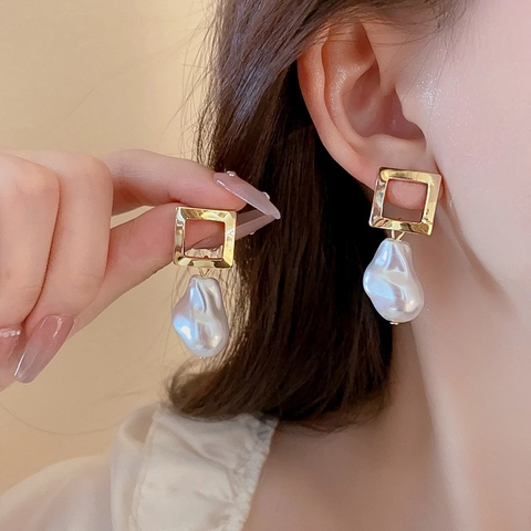 Orecchini Künstliche Perle Sintetiche Barocche Con Perno Argento Sterling 925 Lega Dorata Geometrici Stella Quadrato Donna