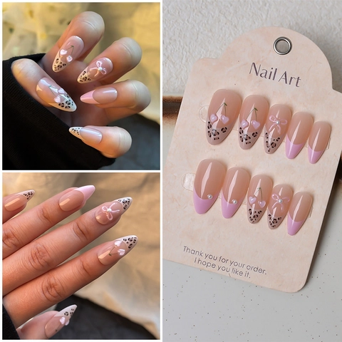 Uñas Postizas Forma Almendra Estilo Francés Dulce Estampado Leopardo Diseño Cereza Decoración Lazo Perlas Artificiales Accesorio Manicura Mujer