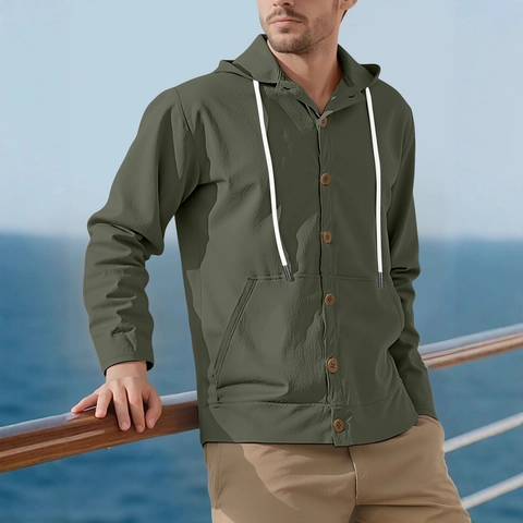 Men Linen Polyester Hooded Shirt Long Sleeve Button Down Loose Fit Drawstring Lightweight Solid Color Casual Beach Tops