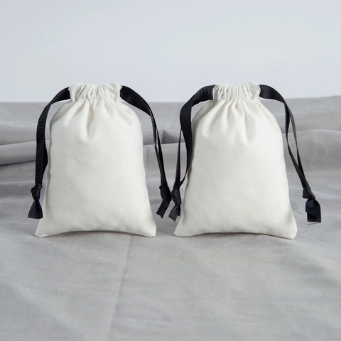 Small Drawstring Jewelry Bags White Cotton Linen Pouch With Black Ribbon For Gift Packaging And Accessory Storage