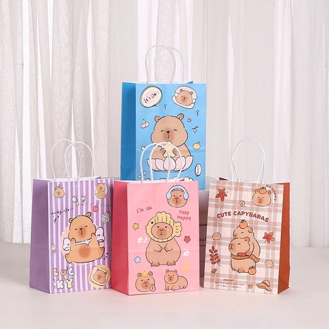 Sacchetti Regalo in Carta Capibara dei Cartoni Animati Con Manici Simpatiche Borse Tote Con Stampa Animalier per Bomboniere Shopper