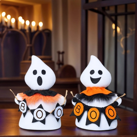 Bambole Peluche Fantasma Halloween Ornamenti Gnomi Senza Volto Con Bandiera Boo Tessuto Poliestere Acrilico Bianco Arancione Nero Decorazione Scrivania Casa Festa Spaventosa