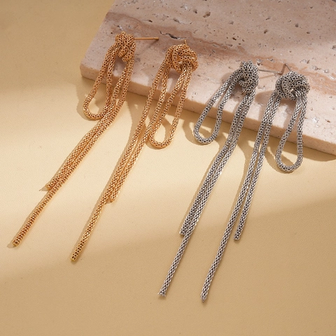 Vintage Knoop Gaas Ketting Kwastje Hangoorbellen Met Zilveren Oorsteker Elegante High-End Sieraden Voor Dames