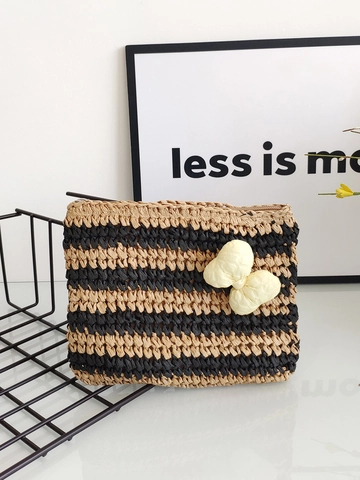 Damen Gestreifte Gehäkelte Stroh Clutch Tasche Umschlag Handtasche Mit Blumen Schleife Dekor Leicht Mode Urlaub Accessoire