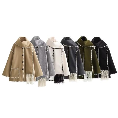 Women Woolen Style Jacket With Scarf Fringed Tassel Embroidery Contrast Edge Casual Long Sleeve Button Outerwear