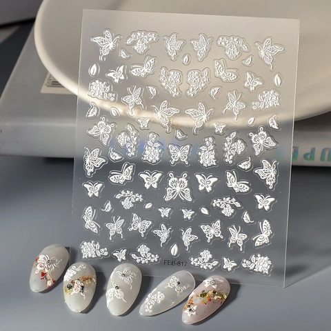 Weiße 5D Geprägte Nail Art Aufkleber Stereoskopische Schmetterling Blume Wasserdichte DIY Dekoration Für Damen