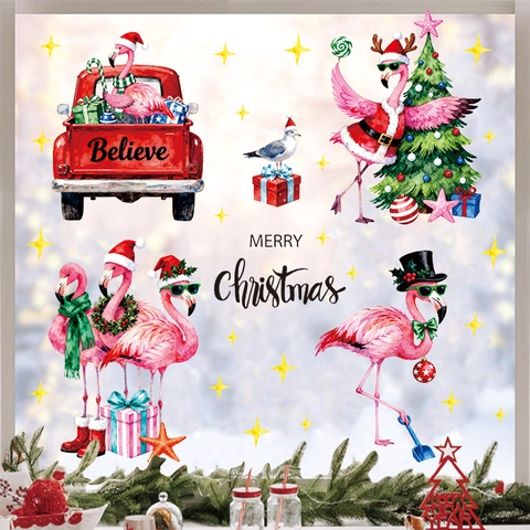 Christmas Wall Stickers PVC Removable Static Window Clings Flamingo Santa Claus Snowman Holiday Party Decoration