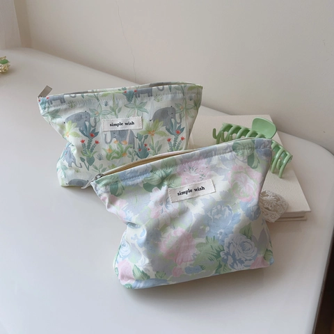 Floral Cotton Canvas Cosmetic Bag Small Makeup Pouch Zipper Storage Case For Women Daily Travel Use Fresh Style