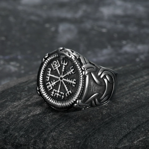 Wikinger Kompass Ring Edelstahl Ouroboros Nordische Rune Vegvisir Mythologie Retro Silber Punk Stil Schmuck Für Herren
