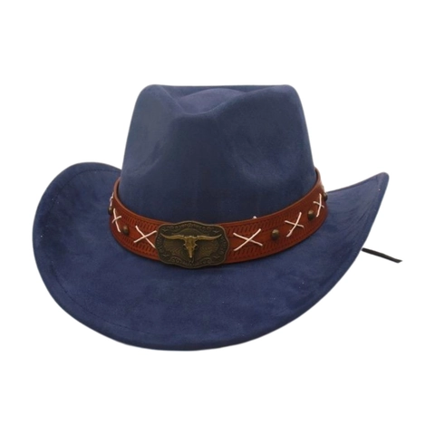 Vintage Wildleder Western Cowboyhut Mit Stierschädel Metallschnalle Retro Breite Krempe Jazz Fedora Hut Für Damen Herren Festival Party