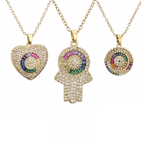 Evil Eye Hamsa Hand Heart Round Pendant Necklace Copper Colorful Cubic Zirconia Trendy Fashion Jewelry For Women